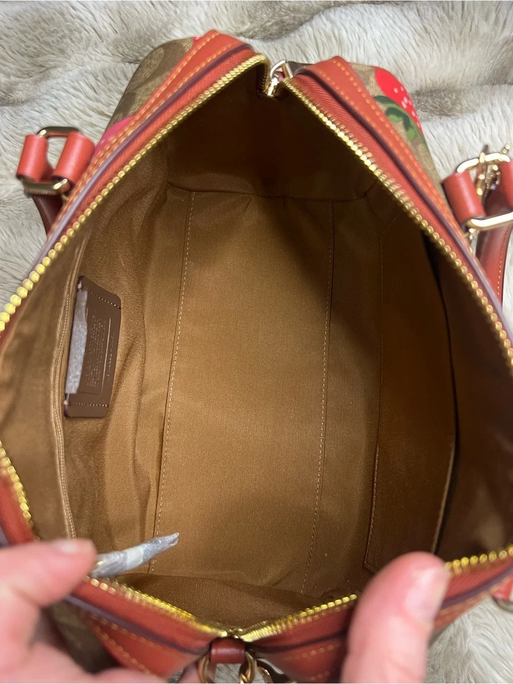 Medium Coach Rowan Satchel in brown & red signature strawberry print (MSRP $428)